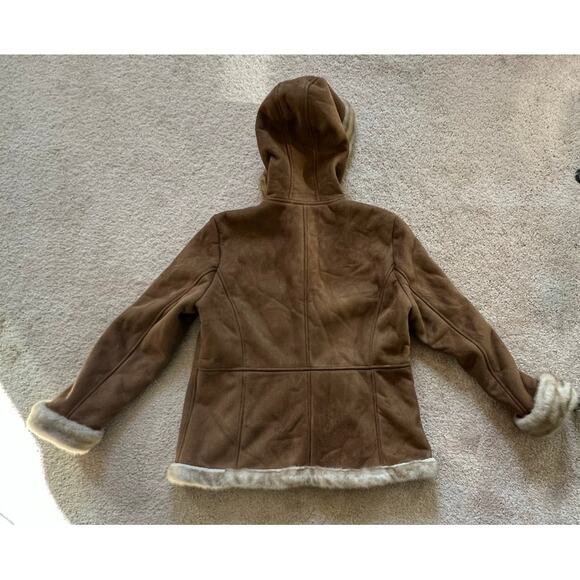 Faux suede coat, faux fur collar, Vintage Esprit w embroidery Sz Large - Picture 5 of 9